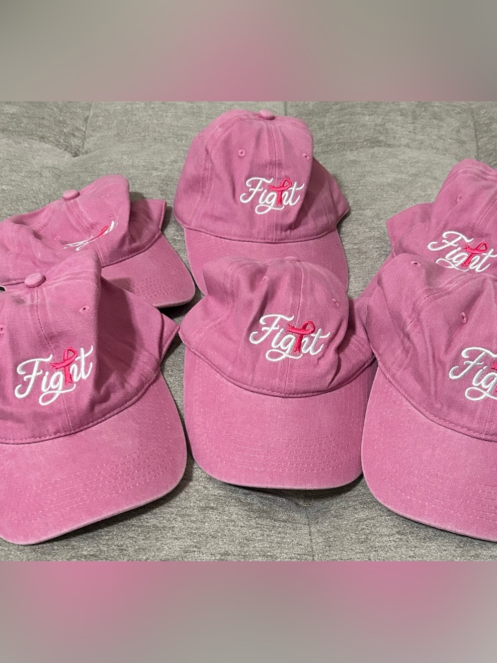 Lot of 6 Pink Breast Cancer Awareness “Fight” Embroidered Baseball Caps
